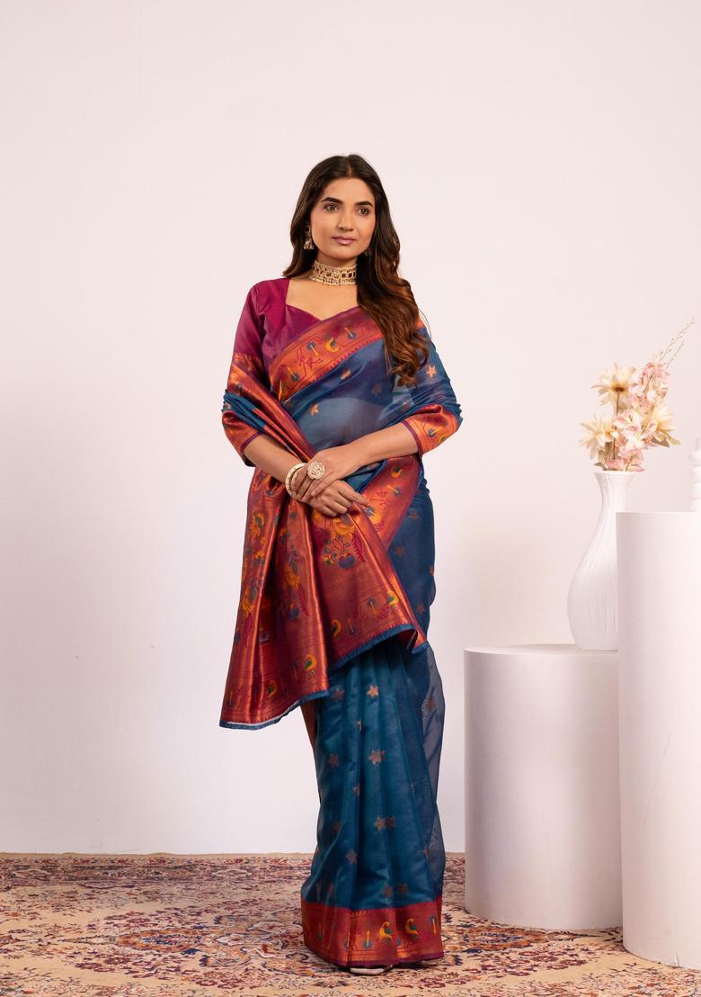 Teal Zari Work Silk Saree Set - Indya