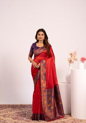Red Zari Work Silk Saree Set