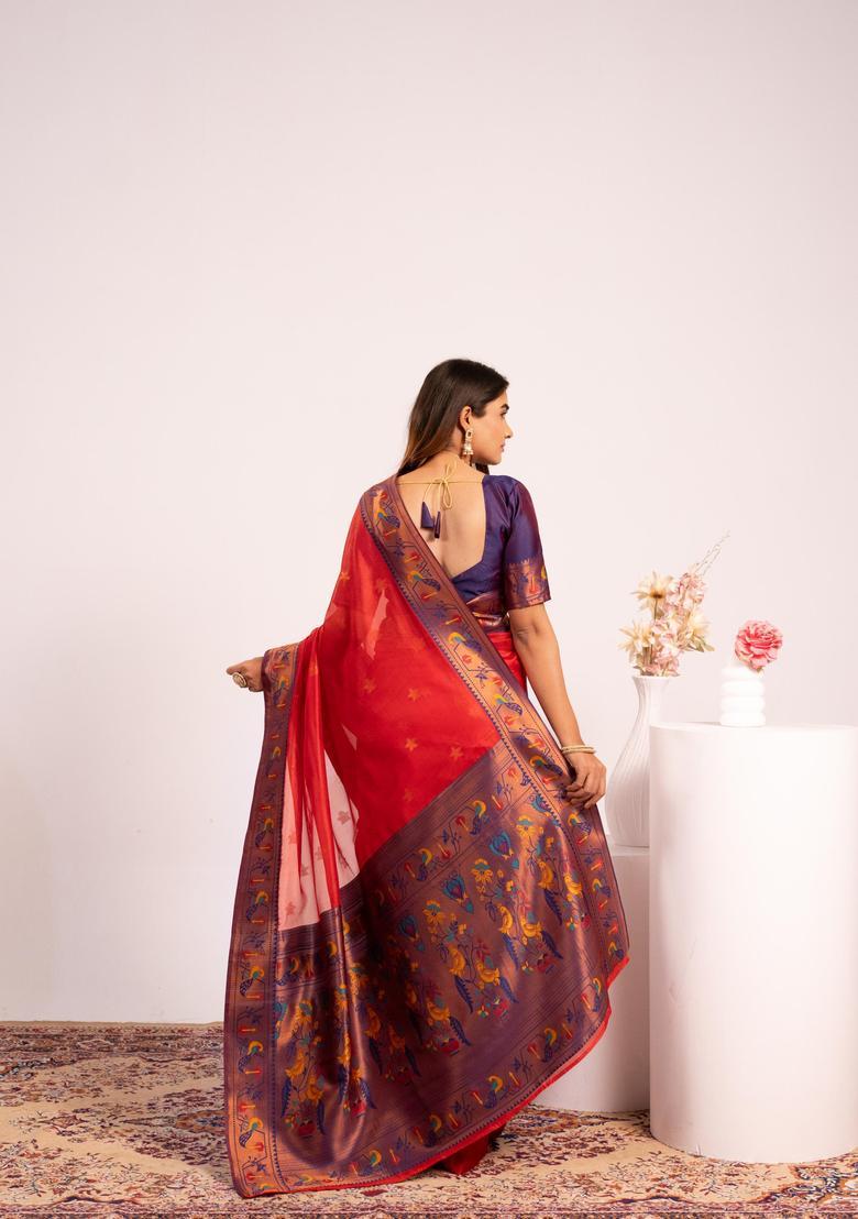 Red Zari Work Silk Saree Set - Indya