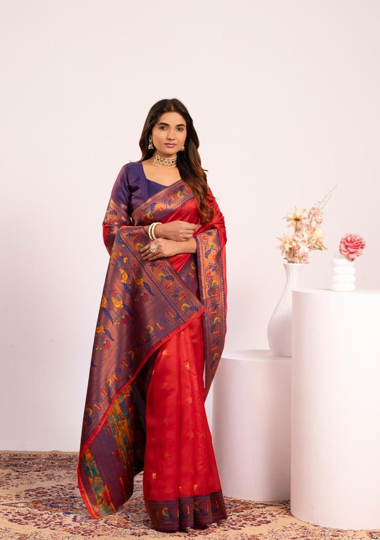 Red Zari Work Silk Saree Set - Indya
