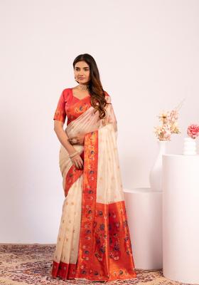 White Zari Work Silk Saree Set