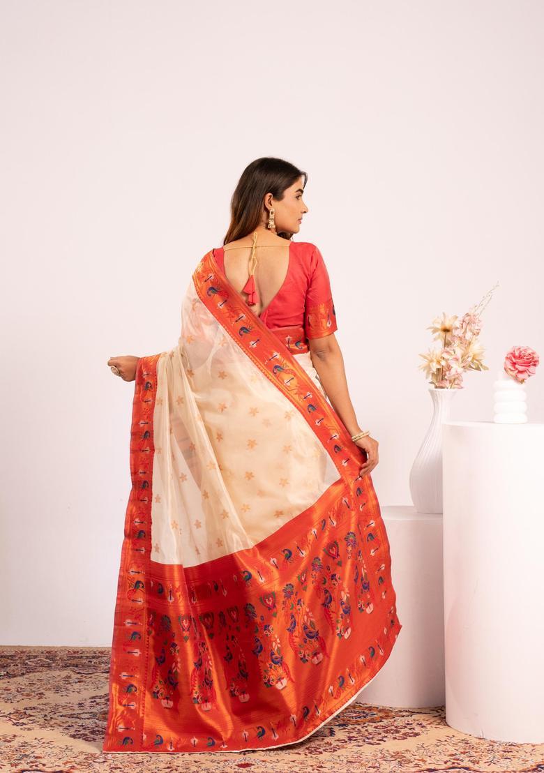 White Zari Work Silk Saree Set - Indya