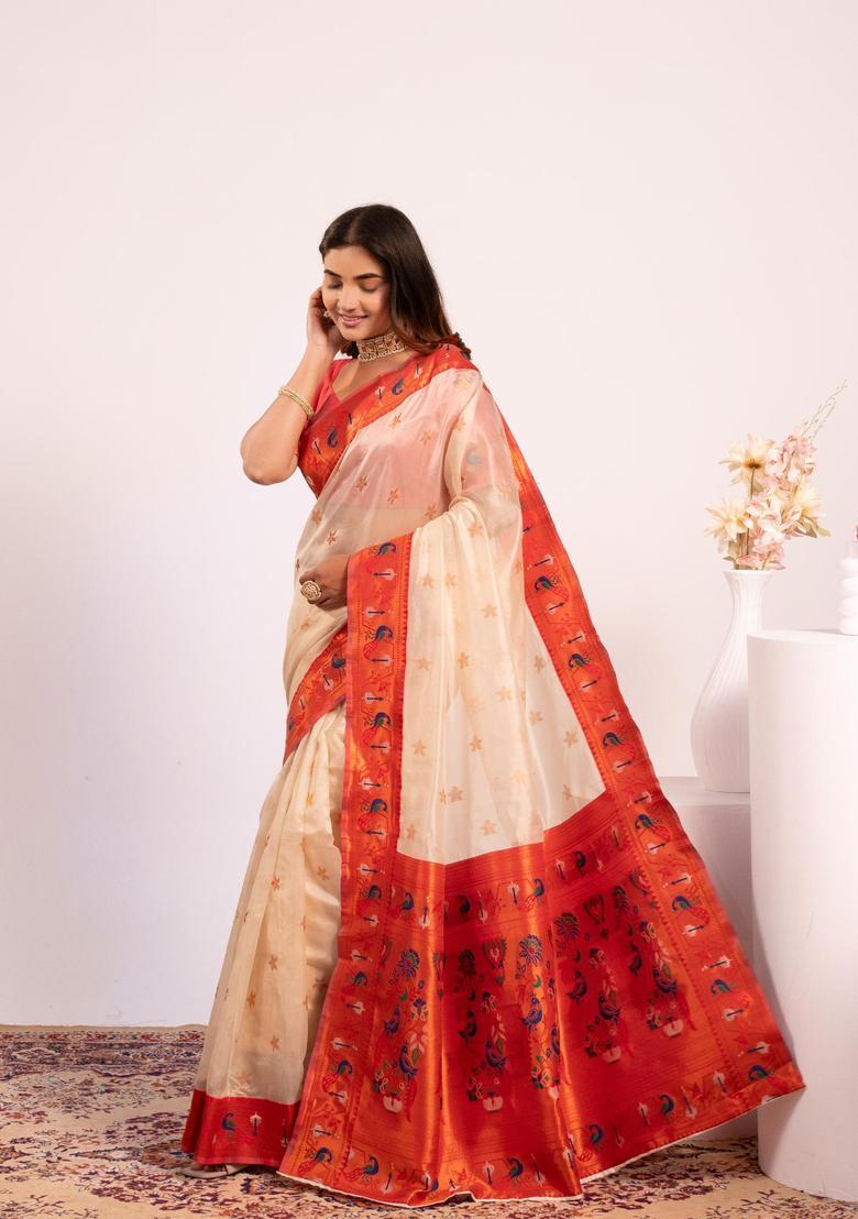 White Zari Work Silk Saree Set - Indya