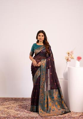 Wine Zari Work Silk Saree Set