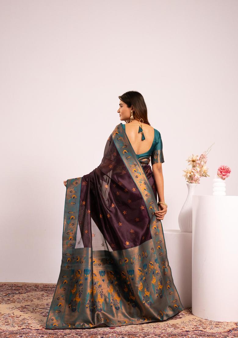 Wine Zari Work Silk Saree Set - Indya