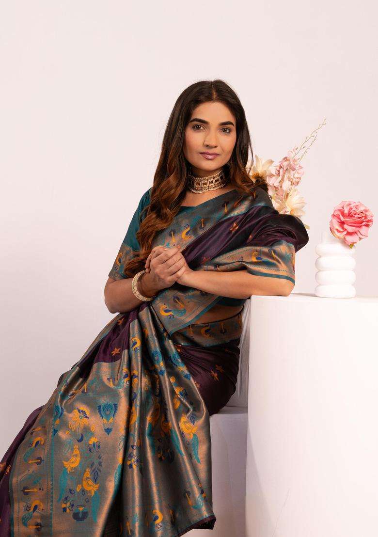 Wine Silk Saree Set with Zari Work for Diwali | Wedding & Festive Wear - Indya