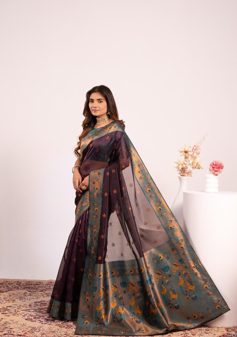 Wine Zari Work Silk Saree Set - Indya