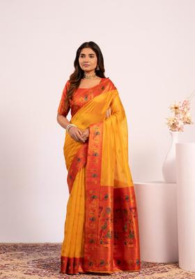 Yellow Zari Work Silk Saree Set