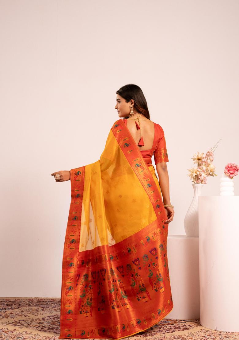 Yellow Zari Work Silk Saree Set - Indya