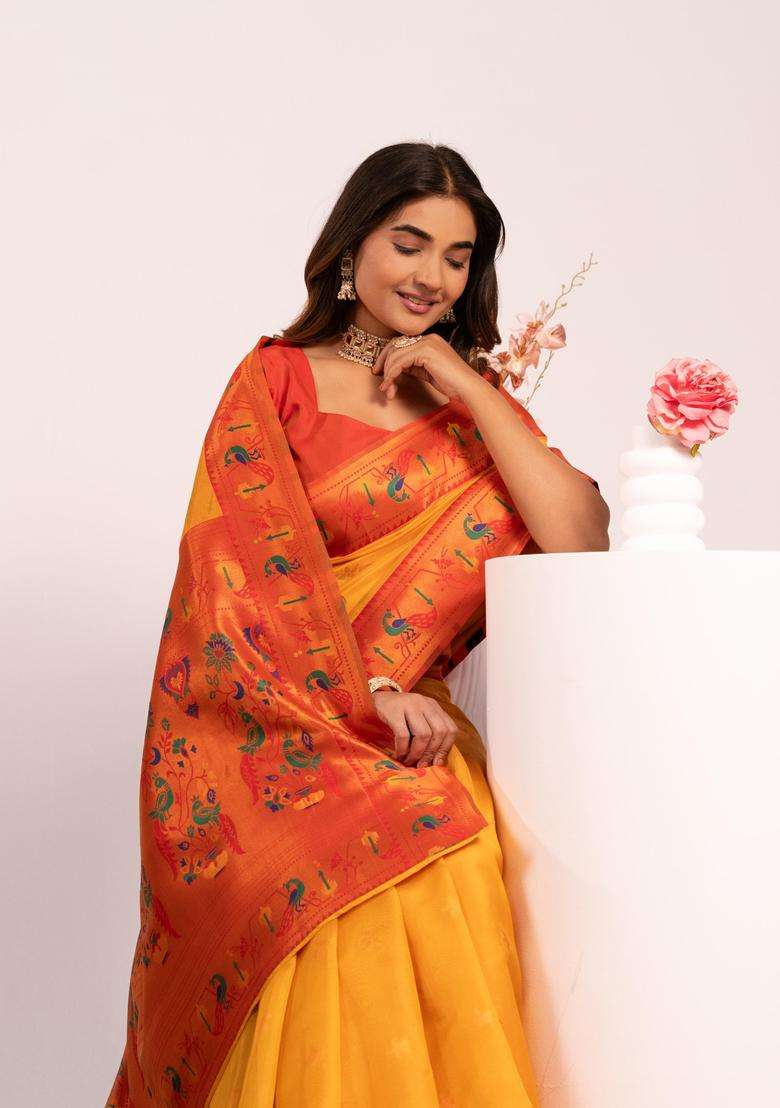 Yellow Zari Work Silk Saree Set for Diwali and Festive Wear - Indya