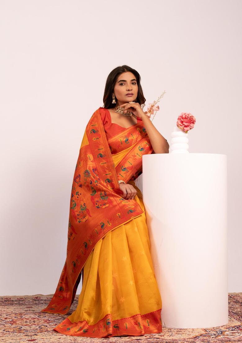 Yellow Zari Work Silk Saree Set - Indya