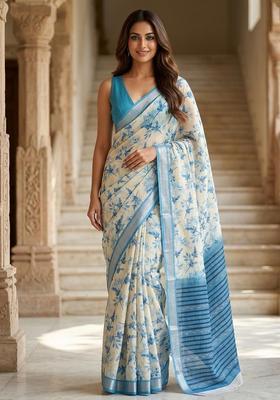 Blue Floral Print Cotton Saree Set