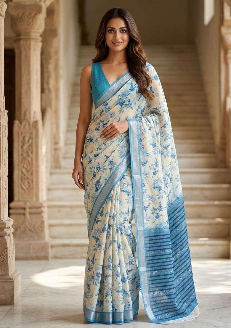 Blue Cotton Saree Set with Floral Print for Diwali | Wedding & Festive Wear - Indya