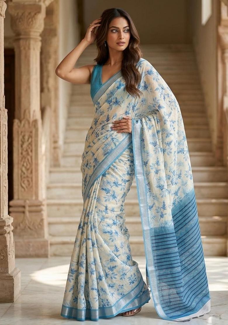 Blue Floral Print Cotton Saree Set - Indya