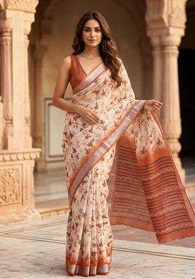 Red Floral Print Cotton Saree Set