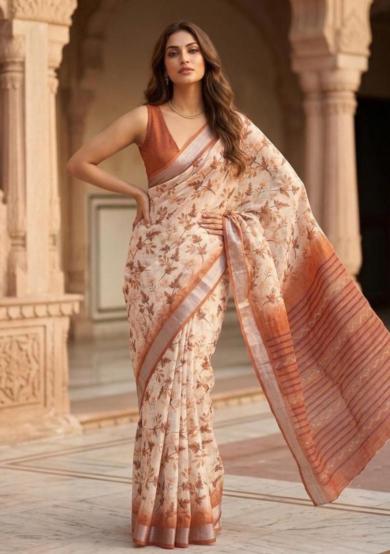 Red Floral Print Cotton Saree Set - Indya