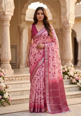 Pink Floral Print Cotton Saree Set
