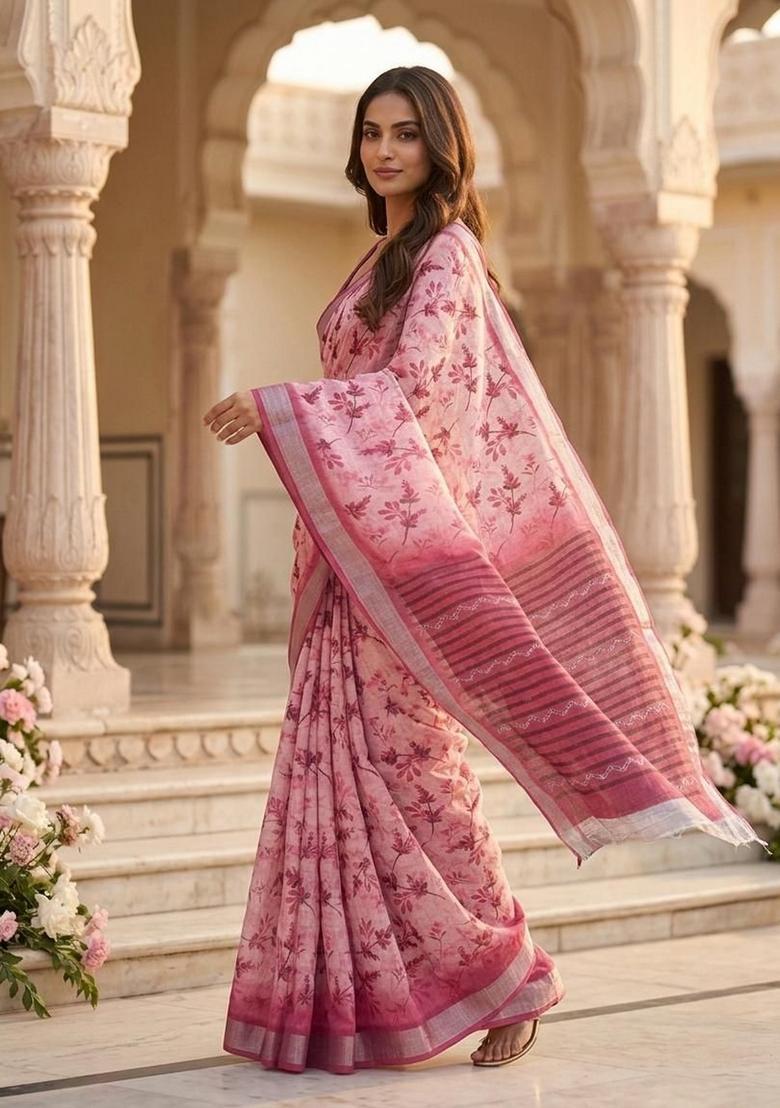 Pink Floral Print Cotton Saree Set - Indya