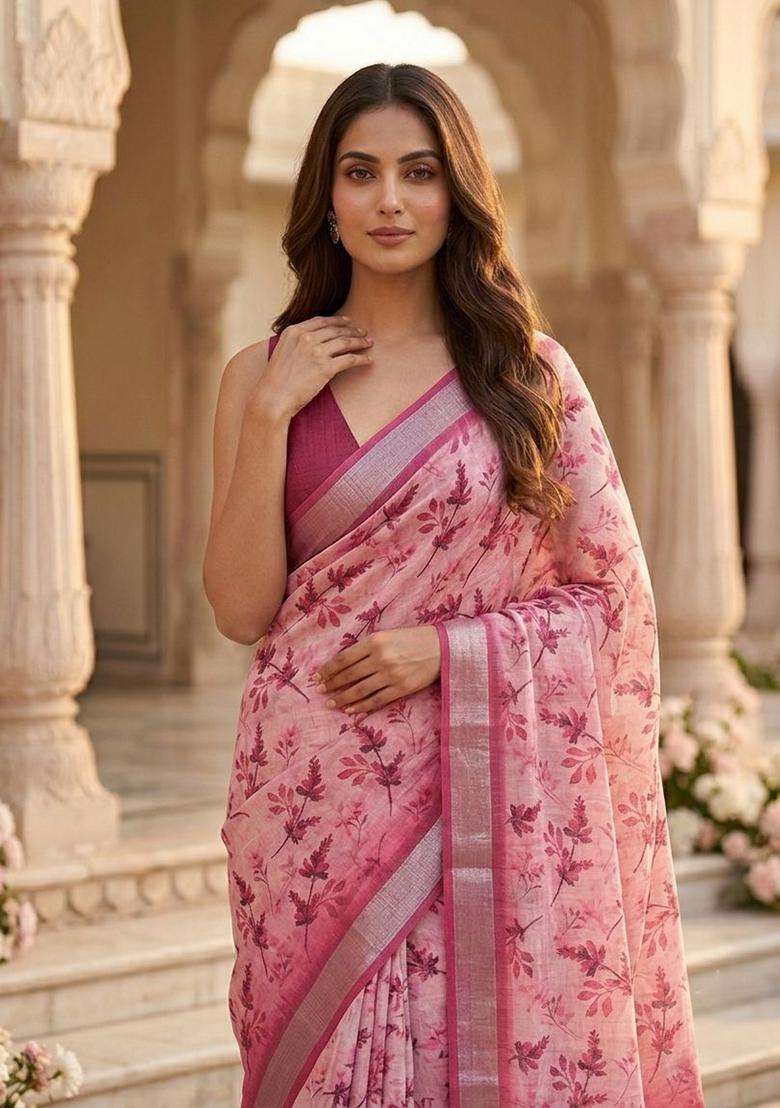 Pink Cotton Saree Set with Floral Print for Diwali | Wedding & Festive Wear - Indya