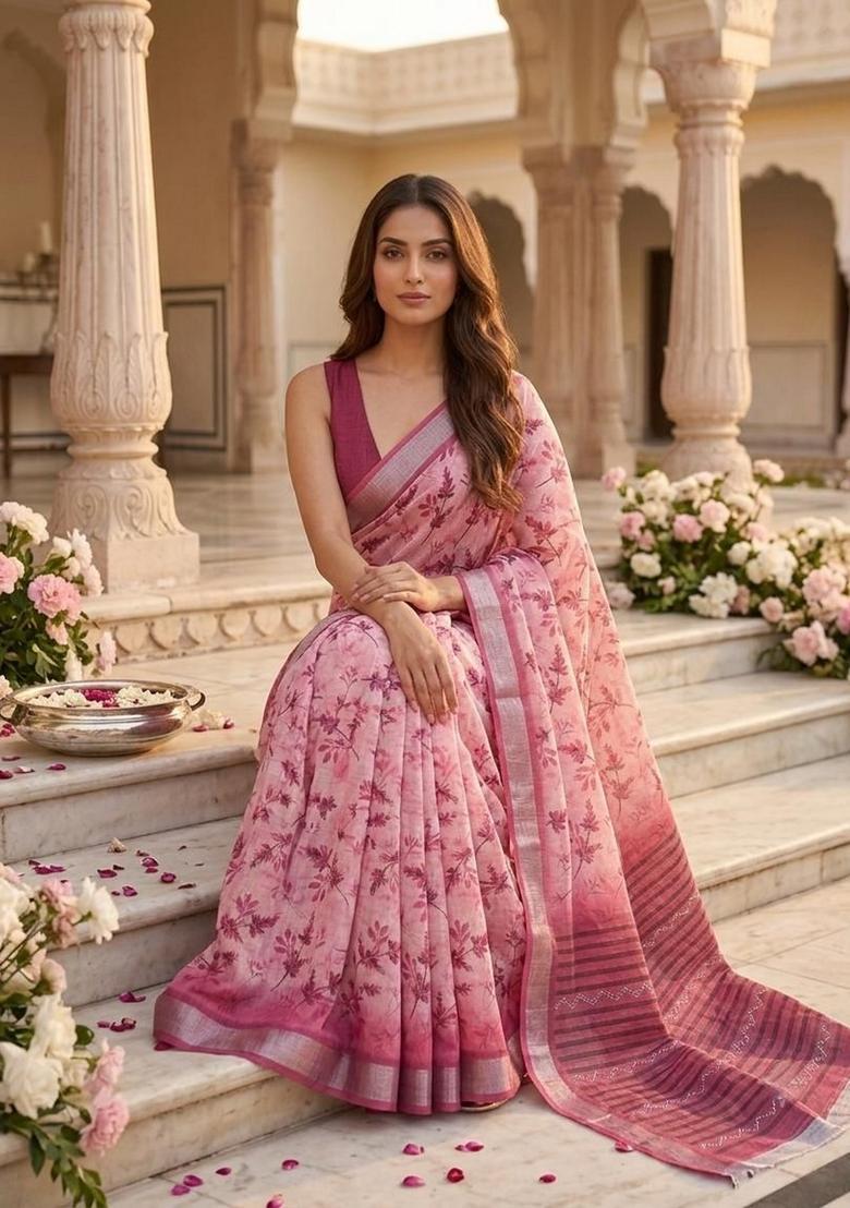Pink Floral Print Cotton Saree Set - Indya