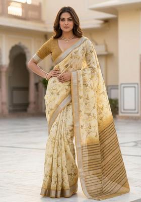 Yellow Floral Print Cotton Saree Set