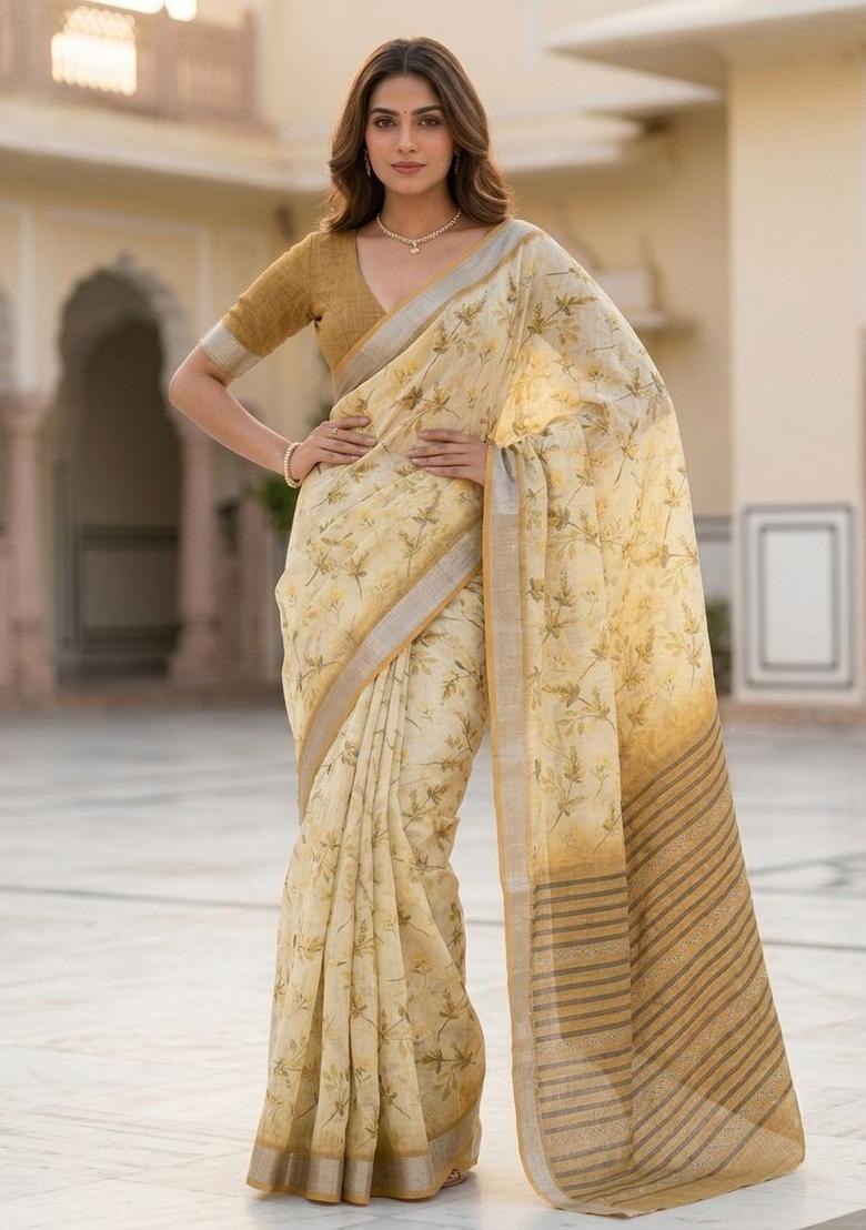 Yellow Floral Print Cotton Saree Set - Indya