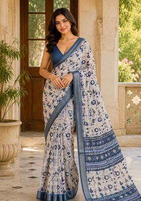 Blue Floral Print Cotton Saree Set