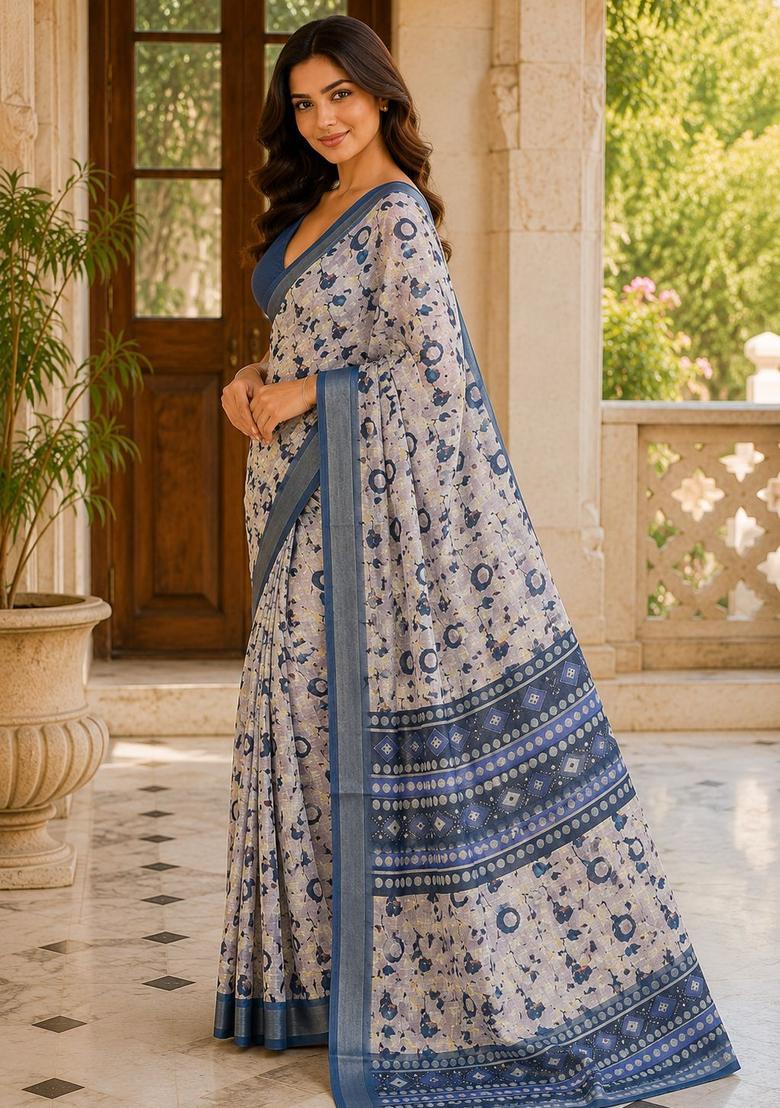 Blue Floral Print Cotton Saree Set - Indya