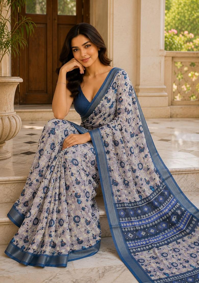 Blue Floral Print Cotton Saree Set - Indya