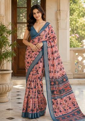 Peach Floral Print Cotton Saree Set