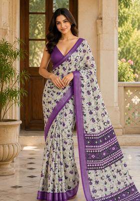 Purple Floral Print Cotton Saree Set