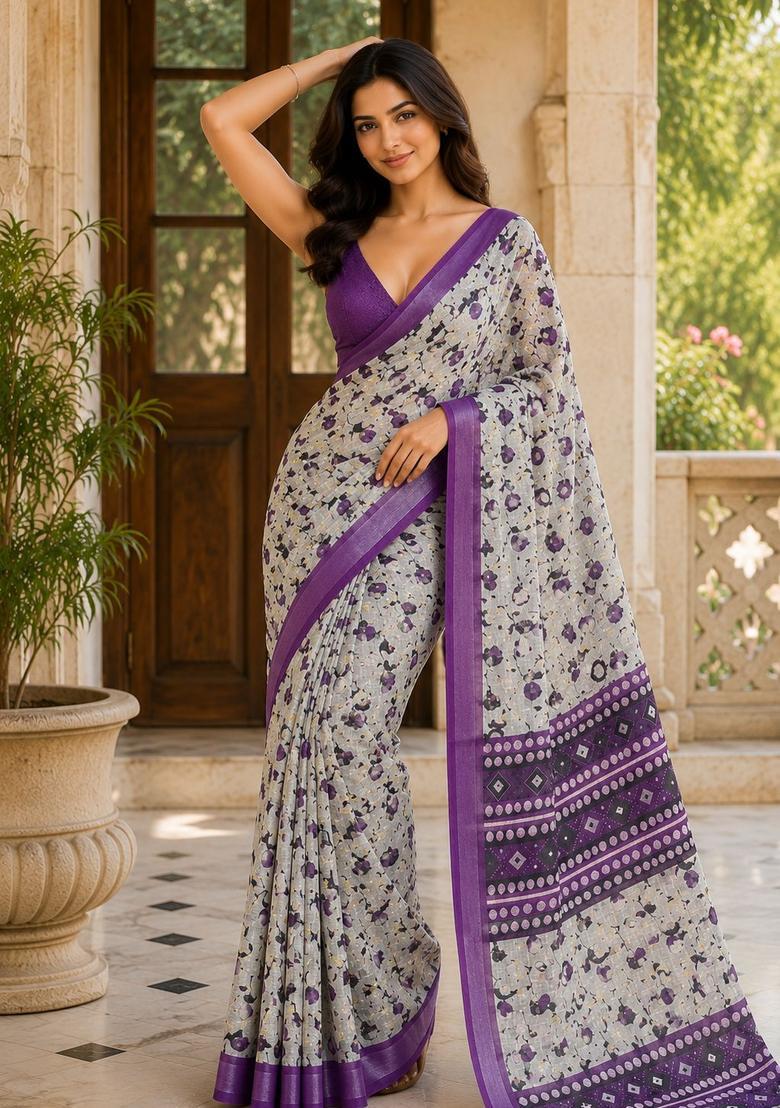 Purple Floral Print Cotton Saree Set - Indya