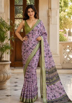 Lavender Floral Print Cotton Saree Set
