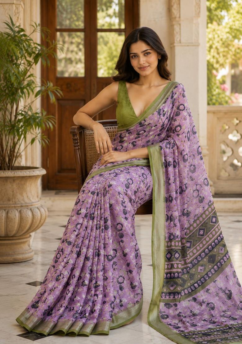 Lavender Floral Print Cotton Saree Set - Indya