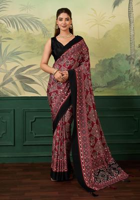 Maroon Printed Tissue Saree Set