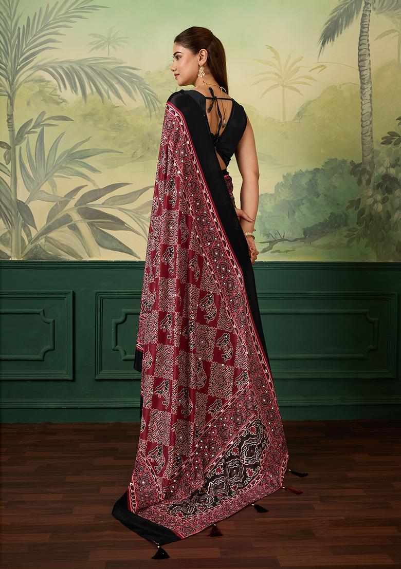 Maroon Printed Tissue Saree Set - Indya
