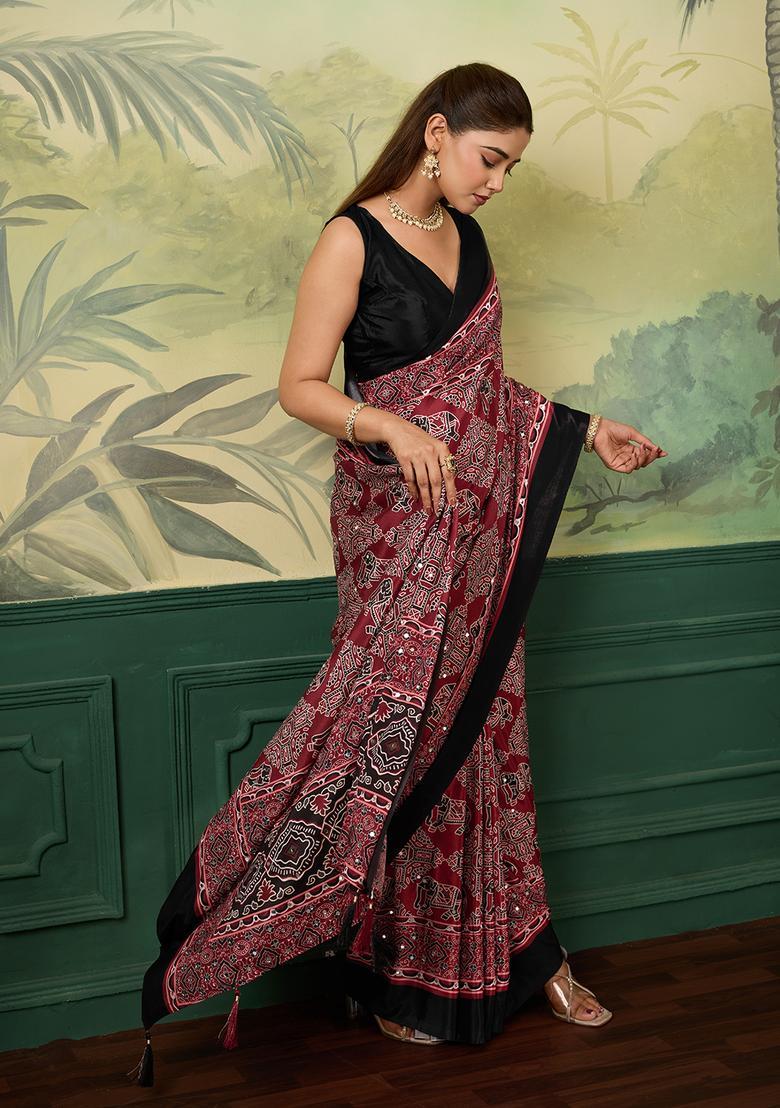 Maroon Printed Tissue Saree Set - Indya
