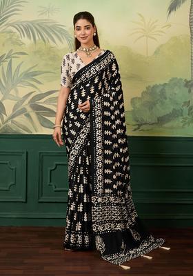 Black Printed Tissue Saree Set