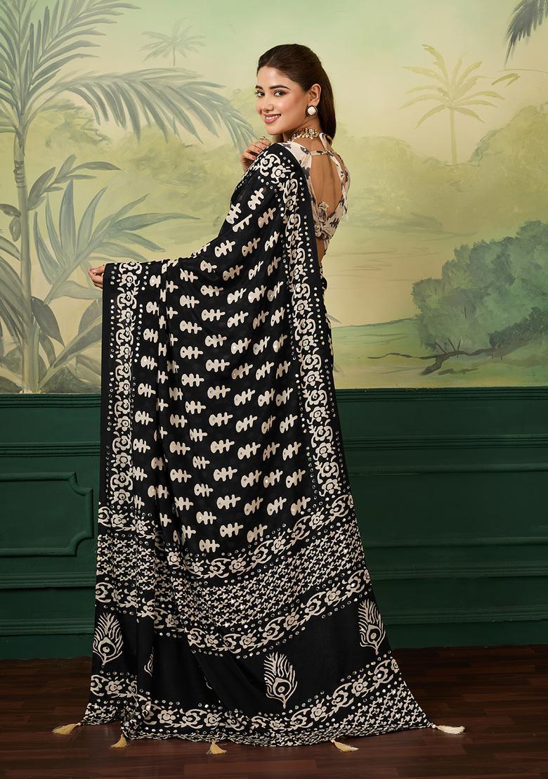 Black Printed Tissue Saree Set - Indya