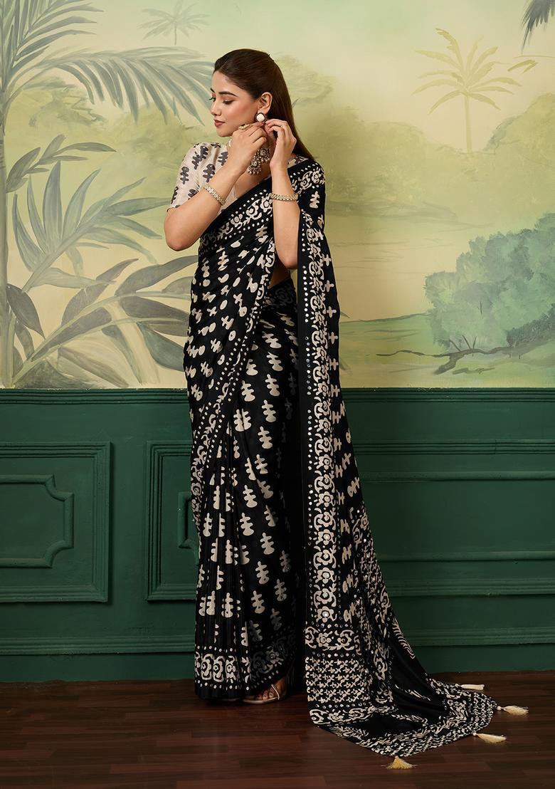 Black Printed Tissue Saree Set - Indya
