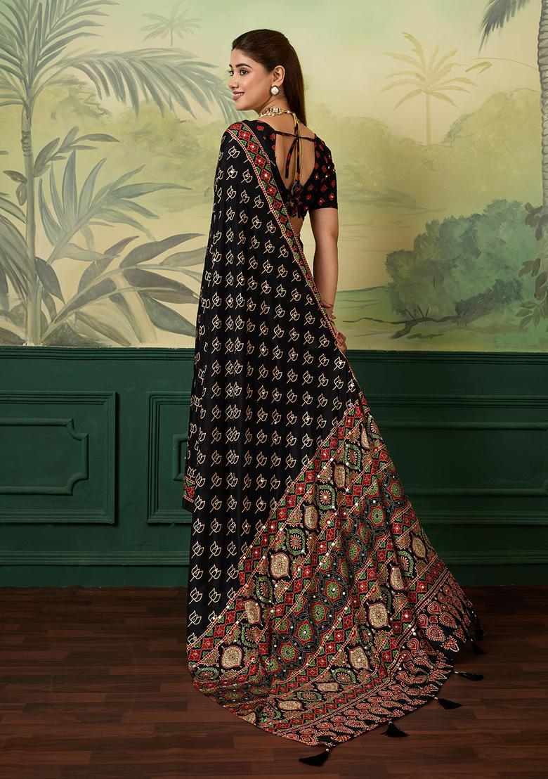 Black Printed Tissue Saree Set - Indya