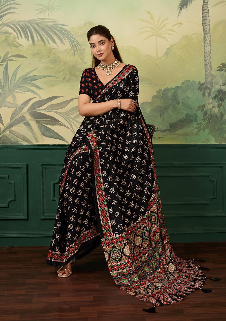Black Printed Tissue Saree Set - Indya