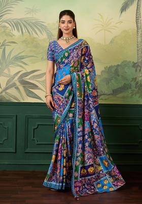 Blue Printed Crepe Saree Set