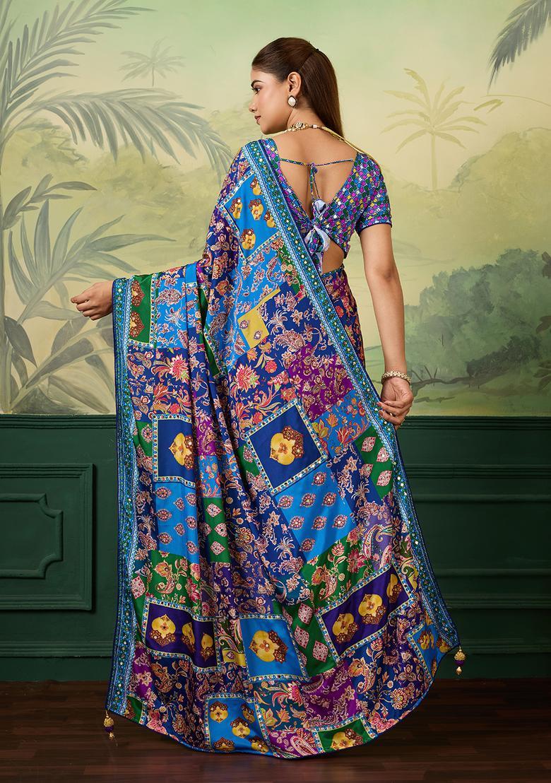 Blue Printed Crepe Saree Set - Indya