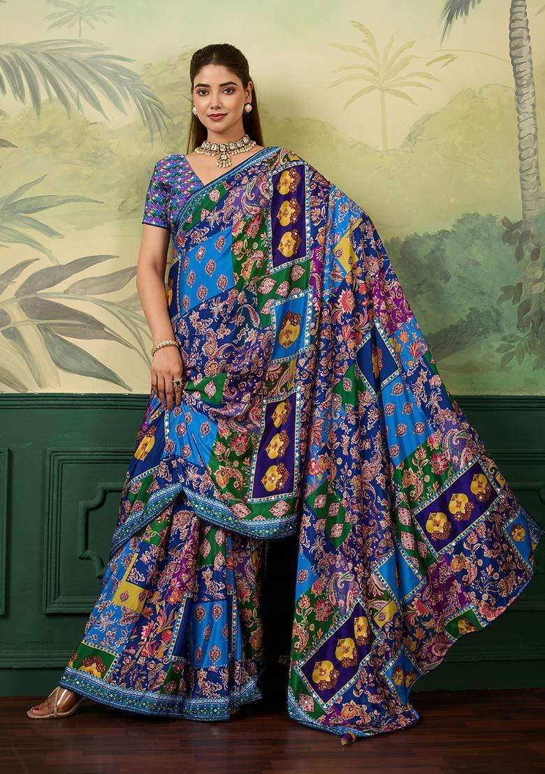 Blue Printed Crepe Saree Set - Indya