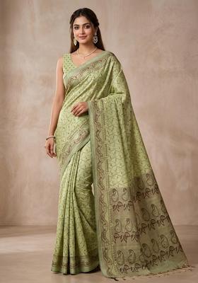 Green Zari Work Cotton Saree Set
