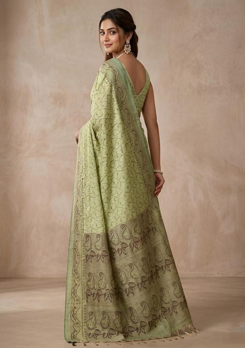 Green Zari Work Cotton Saree Set - Indya