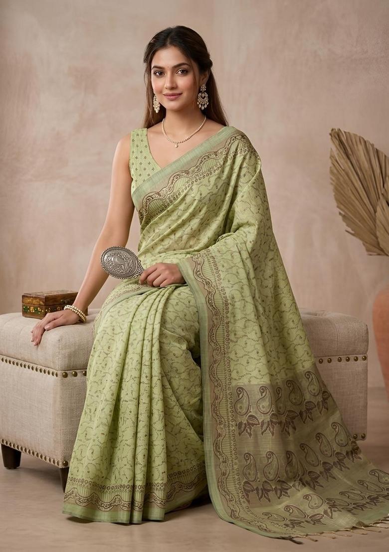 Green Zari Work Cotton Saree Set - Indya