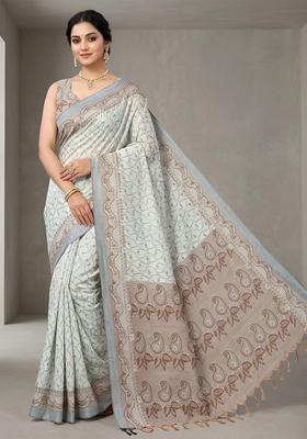 Grey Zari Work Cotton Saree Set