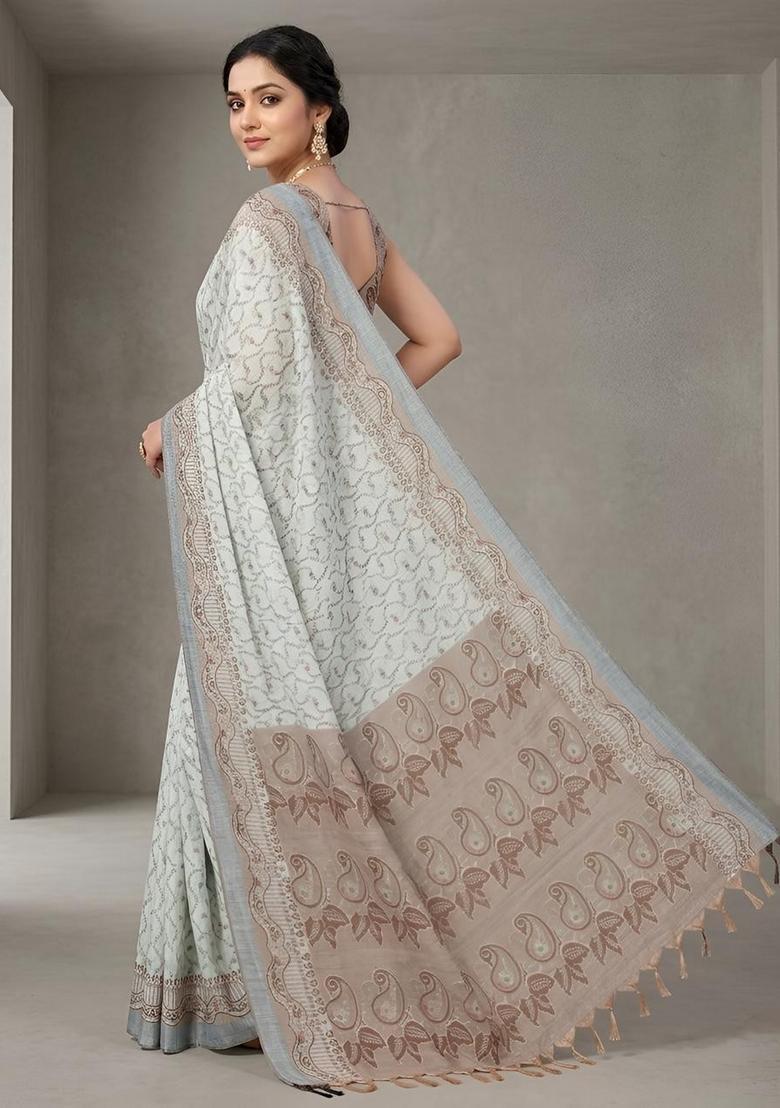 Grey Zari Work Cotton Saree Set - Indya